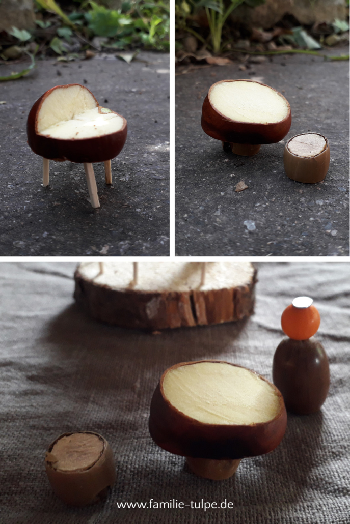Möbel aus Kastanien, Streichhölzern, Ästen und Naturmaterialien